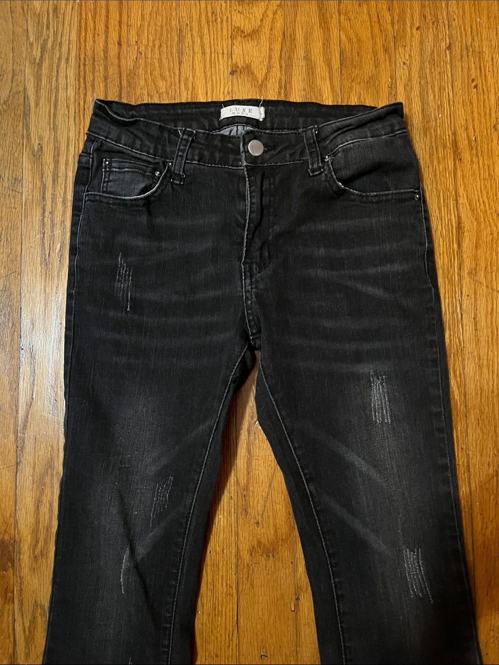 Luxe Moda Black Distressed Flare Jeans with Fringe Hem Size 4 - Picture 3 of 9